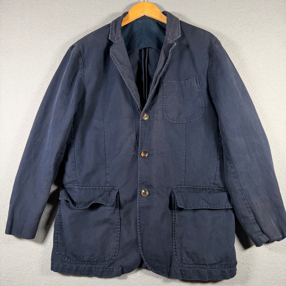 Polo Ralph Lauren Mens 42R Navy Blue Cotton Linen Unstructured 3 Button Blazer